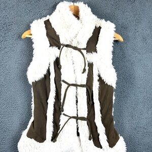 Twisted Heart Womens Faux Fur Trim Knit Vest Brown Cream Tie Front Boho Size S